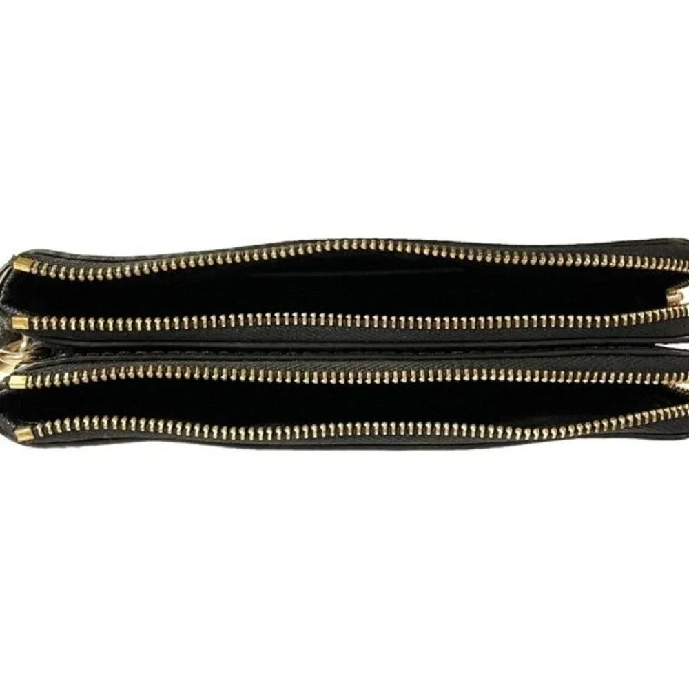 Michael Kors Black Leather Double Zip Wristlet‎ Wallet Clutch Purse Gold Tone